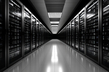 Fototapeta premium A sleek data center corridor featuring rows of server racks, illuminated by overhead lighting.