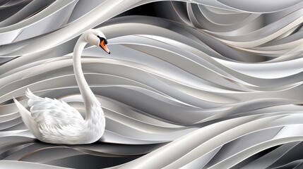 Obraz premium Elegant white swan amidst flowing grey and white abstract waves
