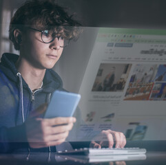 Teen reads newspaper online. Reading news and information in Internet. Publication, magazine concept