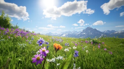 Vibrant Wildflower Meadow and Snow Capped Mountains under Sunny Sky