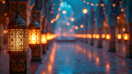 festive ramadan background - blue and gold islamic lanterns