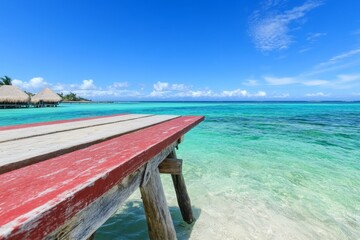 Naklejka premium A traditional wooden beach hut on stilts, overlooking a pristine coastal lagoon