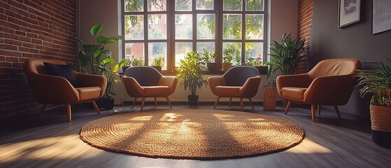 Group therapy circle, empty chairs, psychologist preparing to guide the session, therapeutic atmosphere, cozy therapy room, psychological appointment