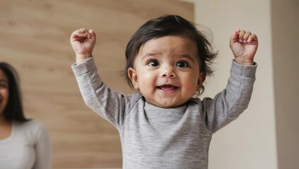 Happy baby celebrating first steps with arms raised in joy