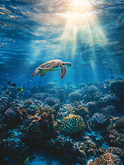 Fototapeta premium underwater view of the sea and turtle