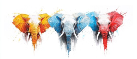 Three Elephant Heads Painted in Yellow, Blue, and Red