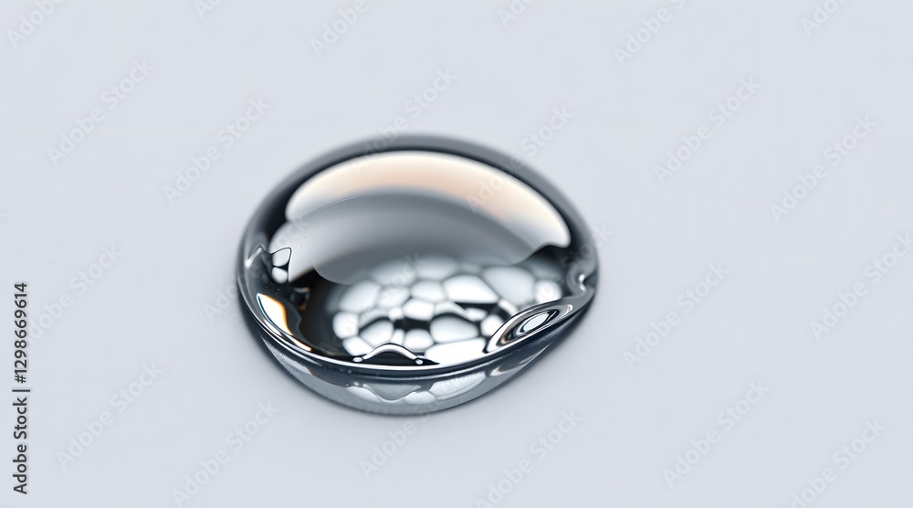 Poster a close-up of a shiny metallic droplet showcasing smooth reflections and elegant curves, perfect for