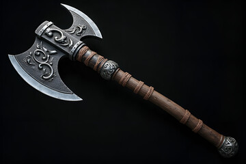 Ornate Double-Headed Battle Axe in Dark Metal and Wood with Scrollwork for Display