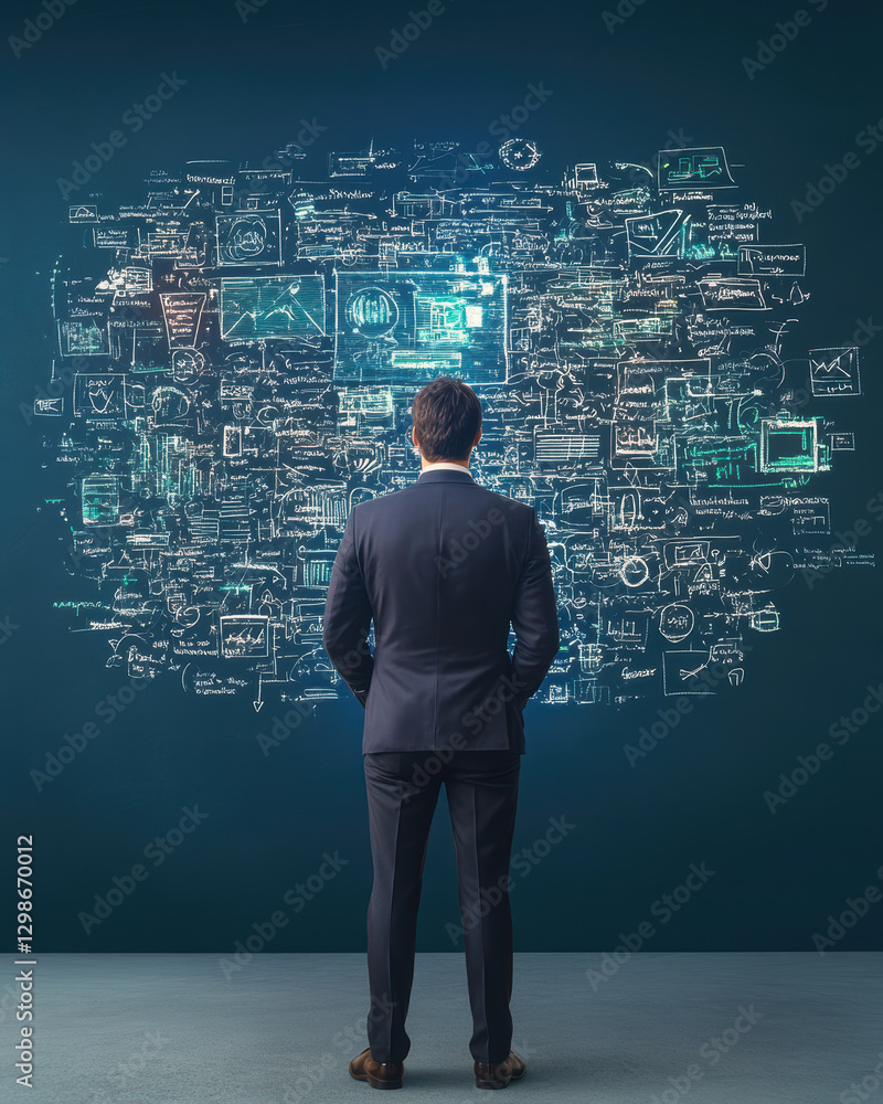Poster a businessman in a tailored suit stands before a dynamic digital backdrop filled with graphs, charts