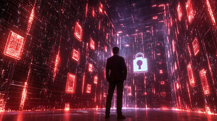 Businessman & virtual lock: data security in digital age.  Blockchain future.  Strong symbol for cybersecurity & tech innovation.

