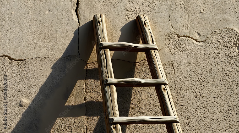 Poster a rustic wooden ladder leaning against a textured wall, casting a shadow and providing a simple yet 