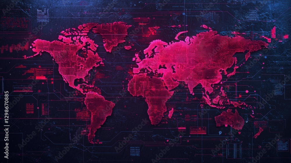 Poster digital world map with glowing pink outlines on dark background, showcasing continents and high-tech