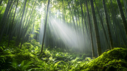 bamboo forest with an open, serene pathway lined with tall bamboo trees, sunlight streaming through the leaves and creating a peaceful, calming atmosphere 