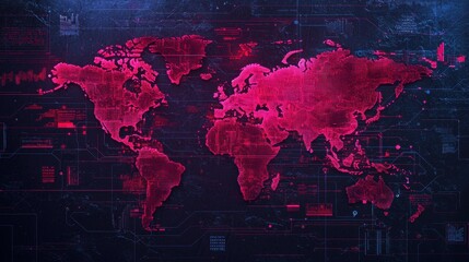 Digital world map with glowing pink outlines on dark background, showcasing continents and high-tech connections for futuristic visual context