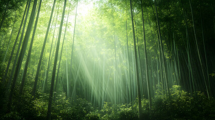 Obraz premium bamboo pathway surrounded by tall bamboo trees, with rays of sunlight shining through the bamboo leaves and casting a serene glow on the path 