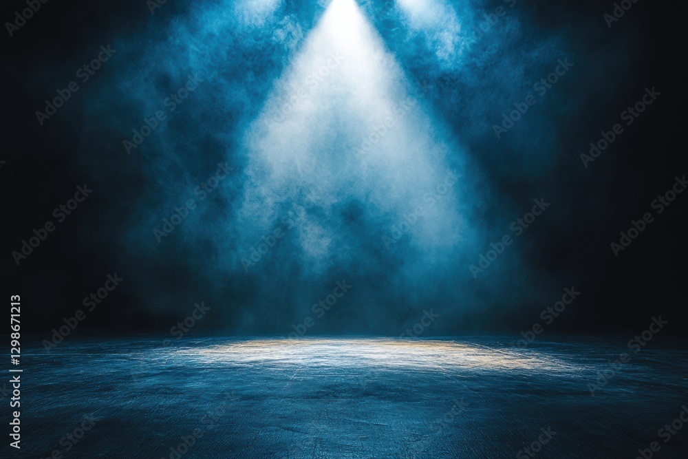 Poster spotlight illuminating empty stage with smoke creating mysterious atmosphere