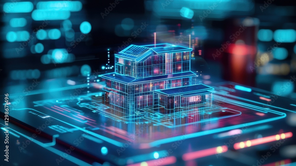 Aufkleber futuristic digital model of a smart home with neon glow and high-tech aesthetics on a virtual platfo