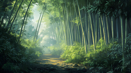 bamboo forest with tall, slender bamboo stalks, sunlight streaming through the gaps in the leaves, creating a calm and natural environment 