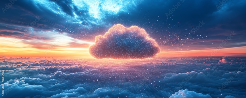 Poster digital cloud computing concept with a fluffy cloud over a sea of clouds at sunset, representing onl