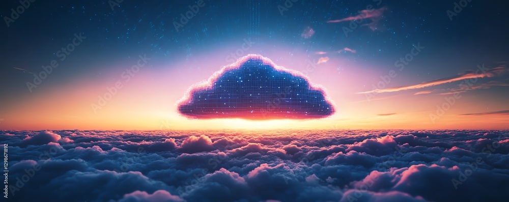Poster digital cloud computing with a fluffy cloud above a sea of clouds at sunset, symbolizing the future 