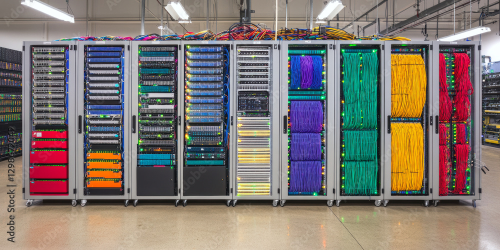 Poster this image captures a modern data center filled with server racks and colorful cabling, showcasing t