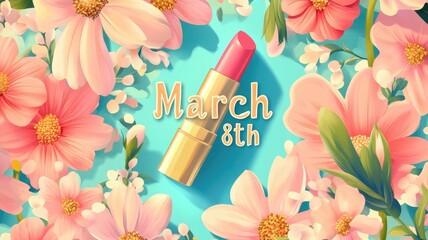 'International Women's Day' Poster Template with Floral and Lipstick Art, Retro Color Palette, and Spring Background