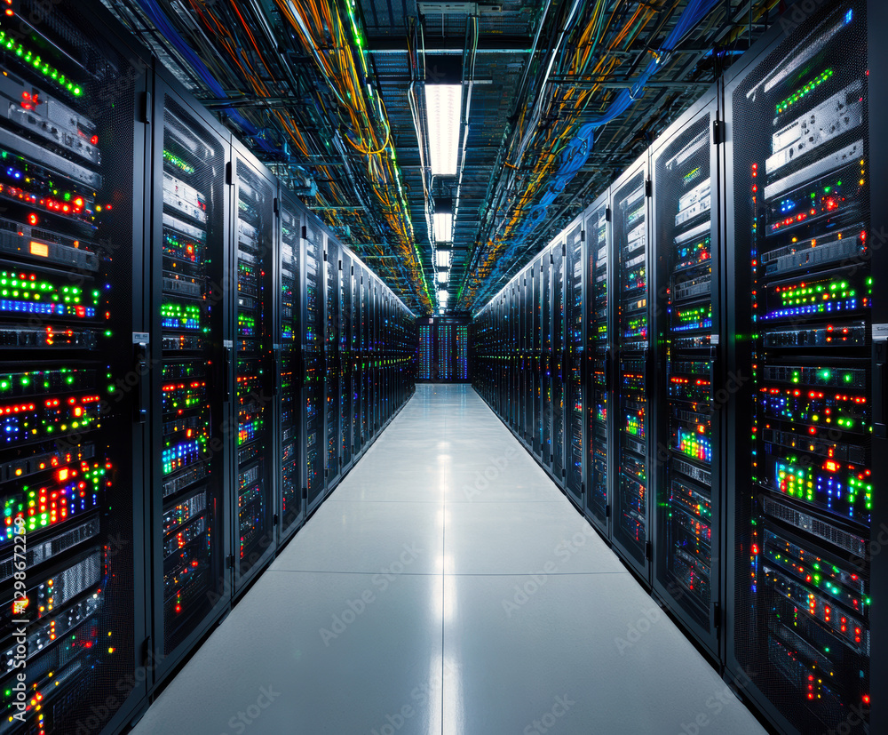Aufkleber a modern data center showcasing rows of high-tech server racks, illuminated by colorful indicator li