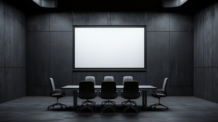 Modern Corporate Meeting Room with Empty Chairs and Large Projection Screen Against a Dark Textured Wall and Floor