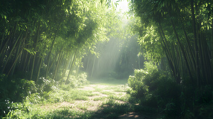 Obraz premium view of a tranquil bamboo forest, with sunlight filtering through the leaves, casting soft shadows on the forest floor 