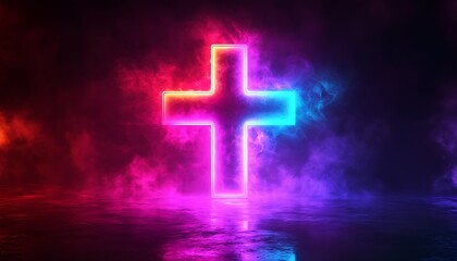 A glowing neon cross surrounded by colorful abstract smoke
