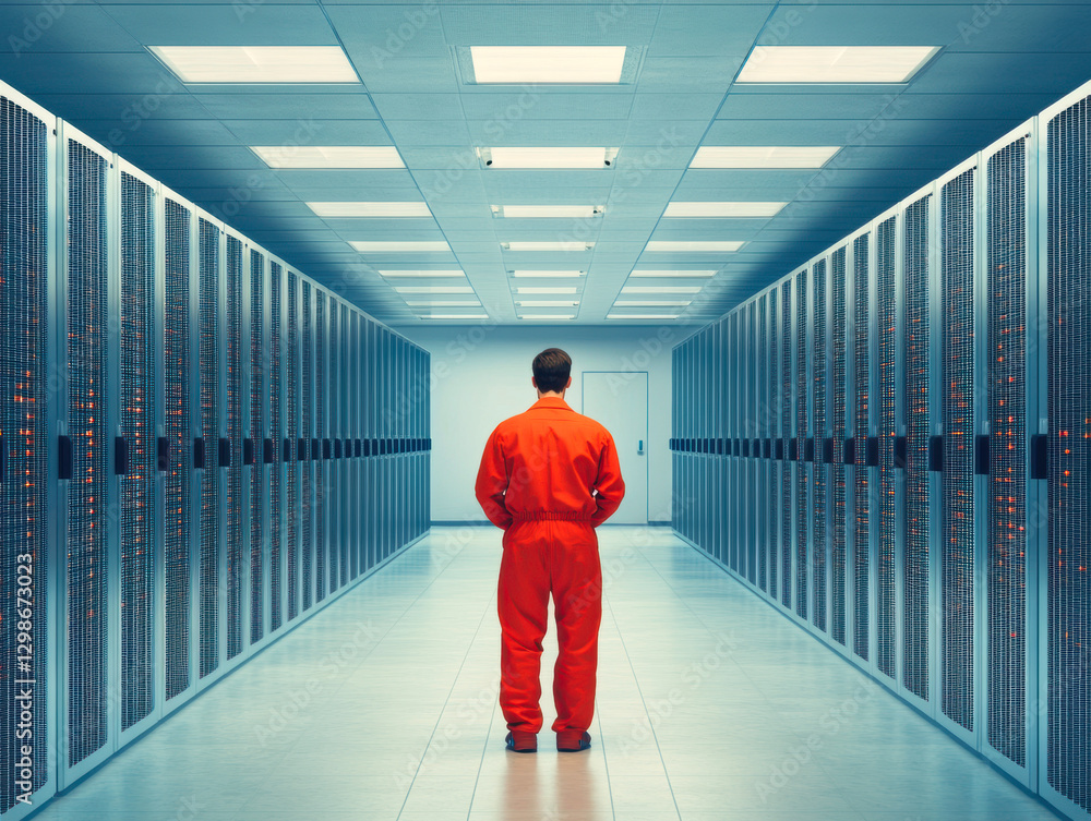 Poster a solitary figure in an orange jumpsuit stands in a vast, high-tech data center, contemplating the v