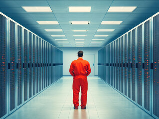 A solitary figure in an orange jumpsuit stands in a vast, high-tech data center, contemplating the vast array of servers illuminating the otherwise dimly lit space.