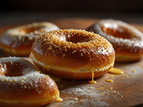Close-up of a cimol generously filled with melted cheese. The donut has a golden-brown, slightly crispy exterior, and the cheese is oozing out from the inside. The texture of the cheese looks gooey an