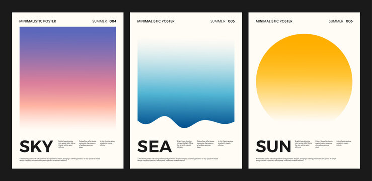 Modern abstract poster set. Minimalist nature backgrounds with geometric gradient shapes. Blurred colorful summer art with sky, sea, sun. Trendy design for social media, poster, banner, flyer