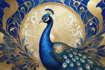 Vibrant peacock displaying colorful feathers against a golden ornate backdrop in a stunning artistic representation
