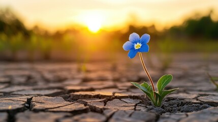 blue flower growing in dry cracked earth with sunrise