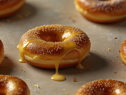 Close-up of a cimol generously filled with melted cheese. The donut has a golden-brown, slightly crispy exterior, and the cheese is oozing out from the inside. The texture of the cheese looks gooey an