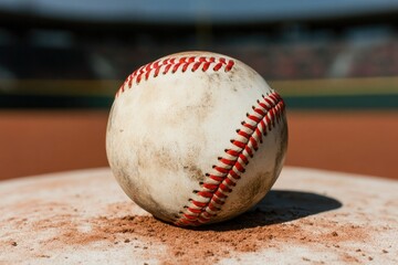 Baseball resting on mound, showcasing dirt splatters and worn te