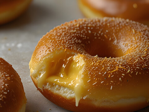 Close-up of a cimol generously filled with melted cheese. The donut has a golden-brown, slightly crispy exterior, and the cheese is oozing out from the inside. The texture of the cheese looks gooey an