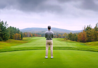 A solitary golfer stands on the tee, gazing out over a lush, expansive course set against a backdrop of rolling hills and vibrant autumn foliage.