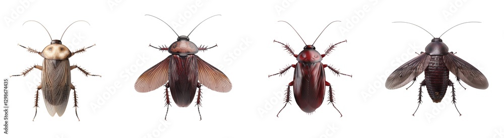Poster four different types of cockroaches displayed in a row with detailed features of each
