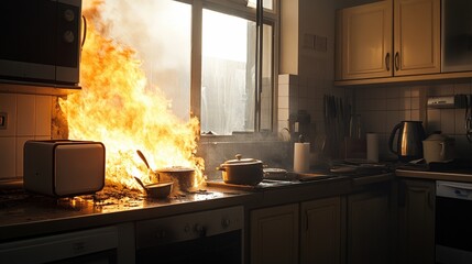 Kitchen fire with flames engulfing cooking area
