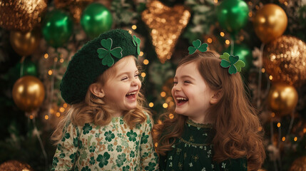 Festive Laughter: Two girls celebrate the occasion with genuine laughter, radiating pure joy, set against a backdrop of glittering ornaments and themed decor.