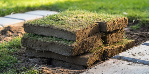 Stack of soil squares ready to be installed, with grass and dirt visible in the garden.