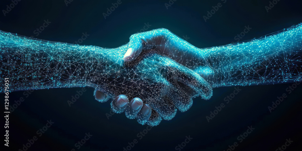 Poster a mesmerizing representation of hands shaking, symbolizing connection and partnership in the digital