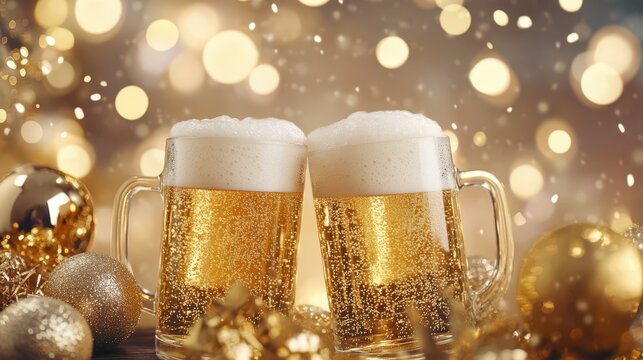 Cheers to the New Year: Two frosty mugs of golden beer clink together, celebrating the festive season with a joyful toast against a sparkling backdrop of golden baubles and twinkling lights. 