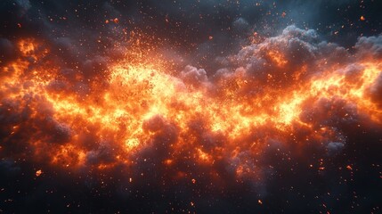Naklejka premium Fiery cloud formation explodes across stormy dark sky. Ash falls against a blurred nebulous background