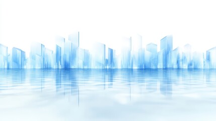 Fototapeta premium Cityscape Reflection: Serene, minimalist cityscape reflected in calm water, evoking a sense of peace and tranquility. The buildings are stylized, creating an abstract and dreamlike feel.