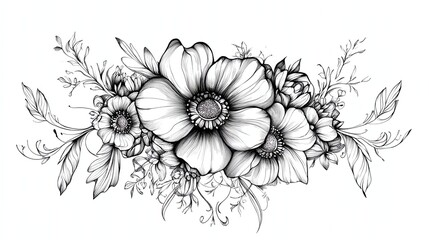 A detailed black-and-white illustration of blooming flowers and delicate foliage, showcasing intricate line work and botanical beauty.