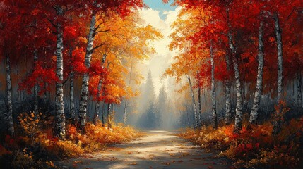 Forest path, autumn leaves changing, glowing in sunny landscape background